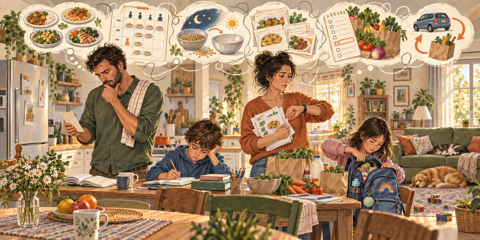A family in the kitchen with thought bubbles showing meal choices, family preferences, soaking beans, recipes, groceries, and a second trip to the store.